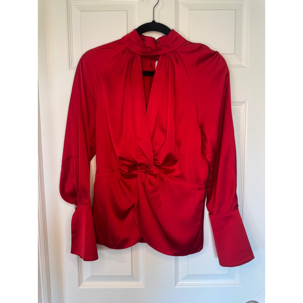 White House Black Market Red Satin Mock Neck Twist Front Peplum Blouse Size 6